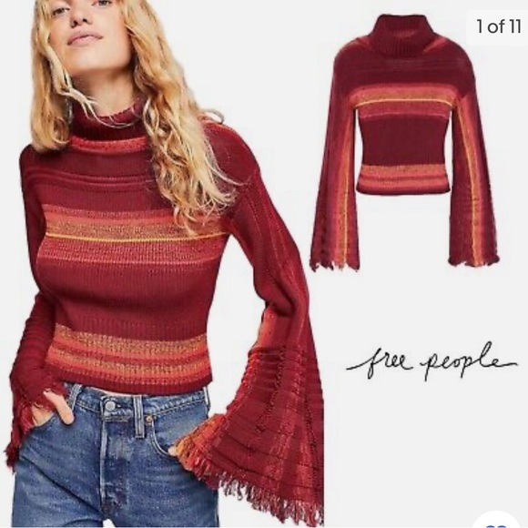 FREE PEOPLE CLOSE TO ME STRIPED COWL NECK PULLOVER - berry - Picture 2 of 6